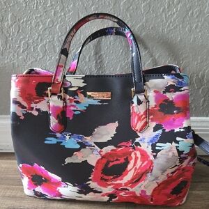 kate spade Black Floral Satchel with Pink & Red Accents